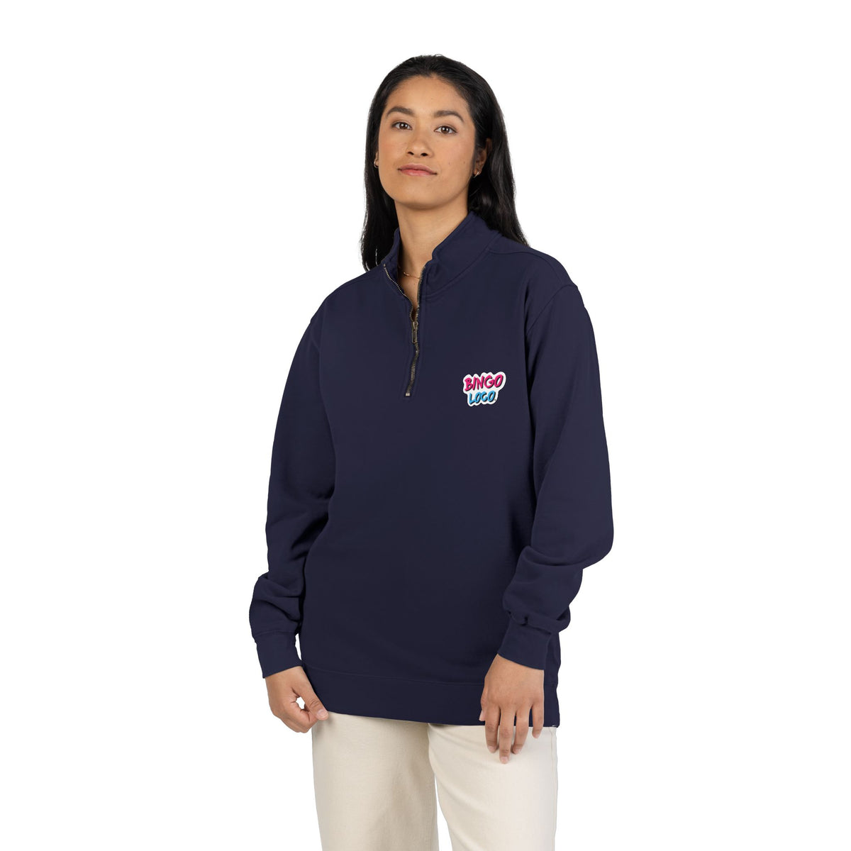 Quarter-Zip Sweatshirt — Retro 'Bingo Logo' Chest Graphic