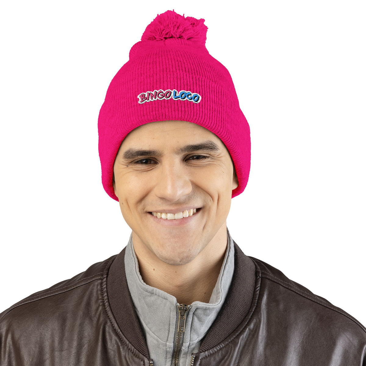 Embroidered Pom-Pom Knit Cap — Cozy Winter Beanie with Colorful 'Bingo Logo' Embroidery