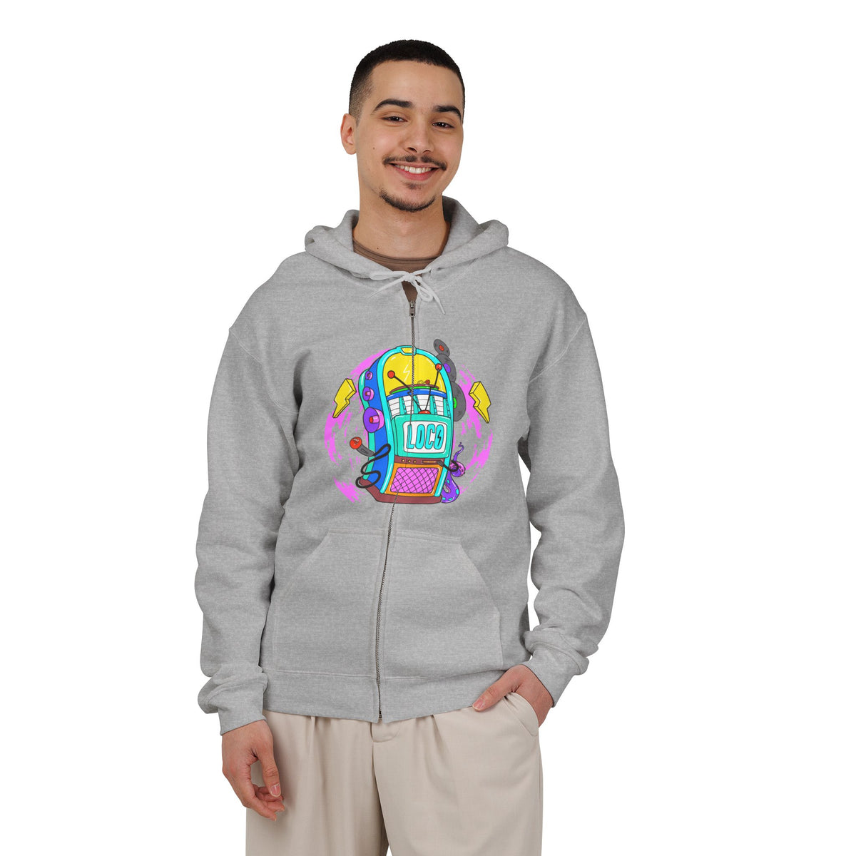 Retro Jukebox Zip Hoodie — Colorful Vintage Music Graphic
