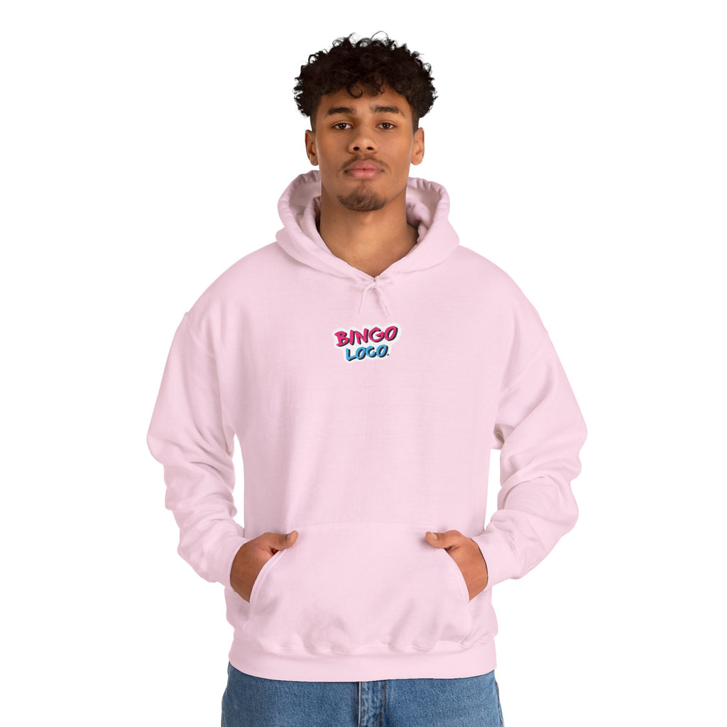 Bingo Logo Hoodie — Retro Pink & Blue Minimal Chest Graphic