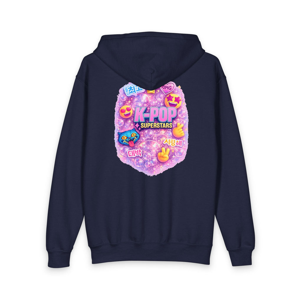 K-Pop Superstars Youth Zip Hoodie — Cute Pastel Emoji Back Design