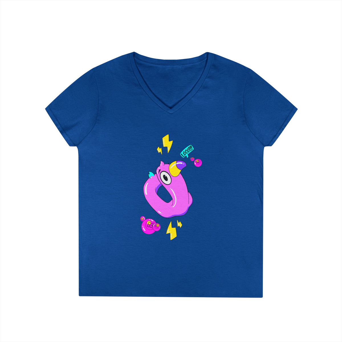 Ladies' V-Neck T-Shirt — Cute Pink Donut Character Graphic Tee