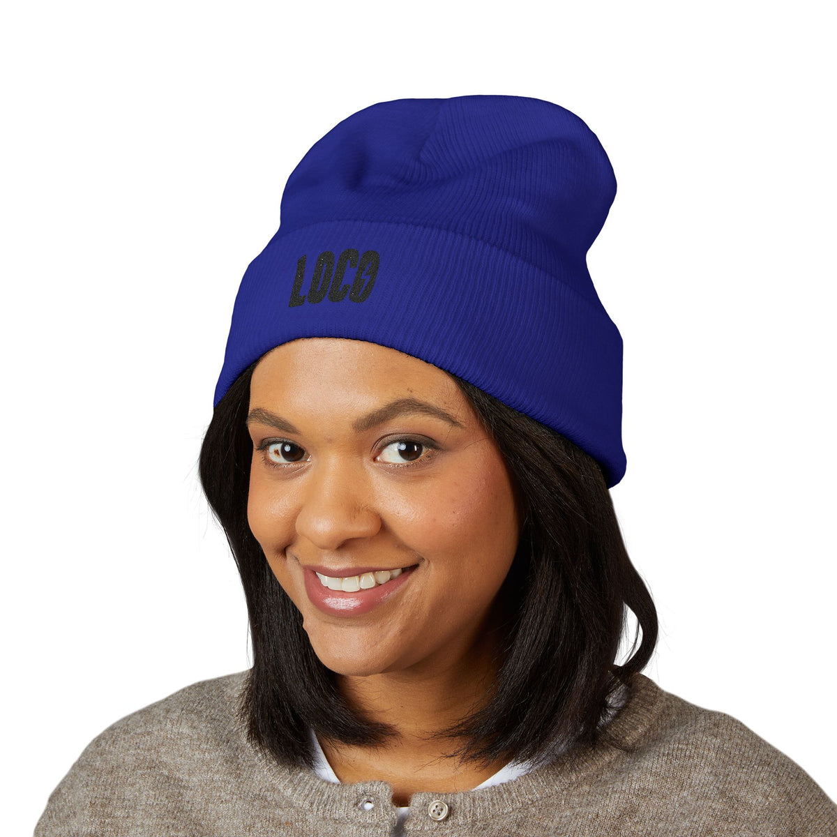 Embroidered 'LOCO' Cuffed Beanie — Classic Knit Winter Hat
