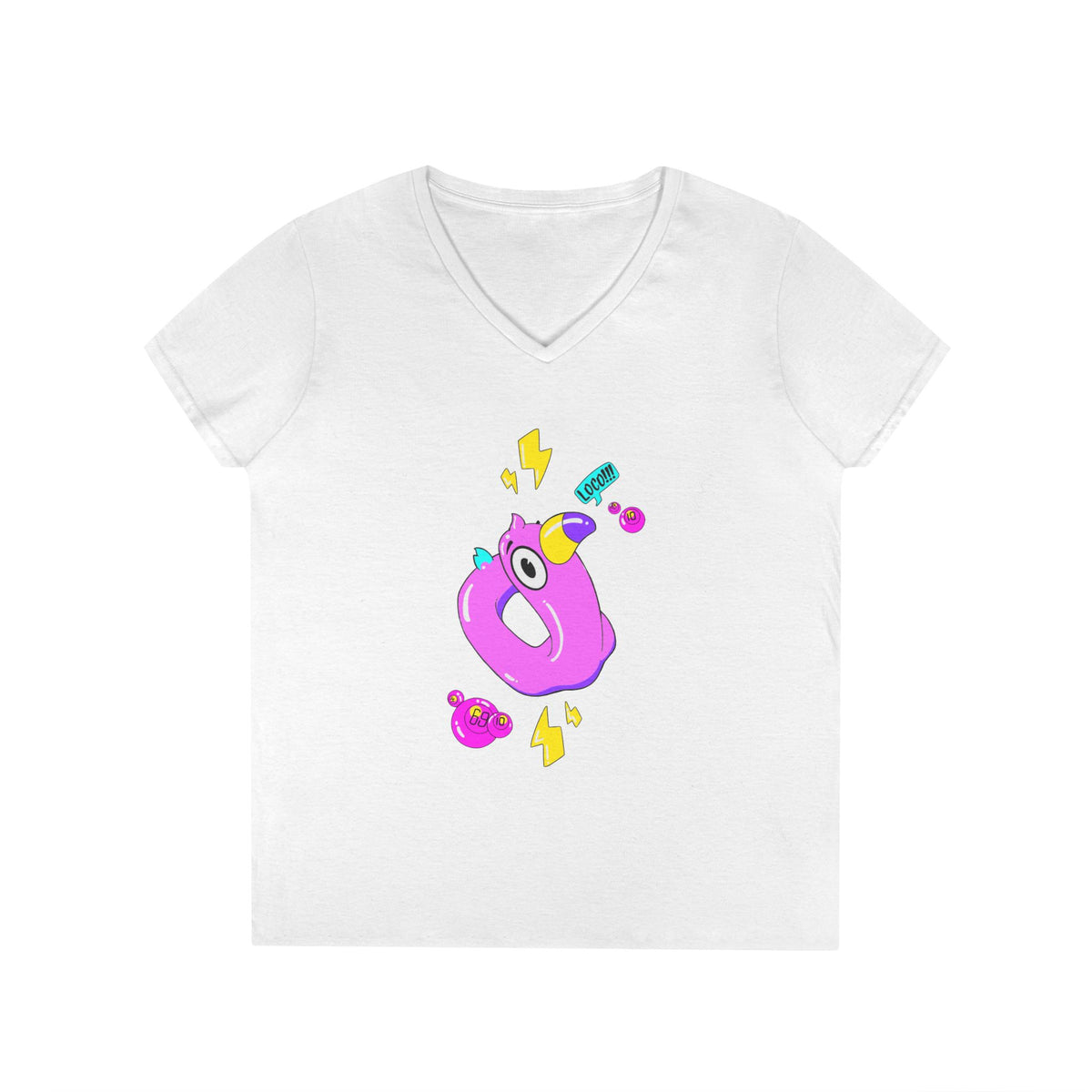 Ladies' V-Neck T-Shirt — Cute Pink Donut Character Graphic Tee