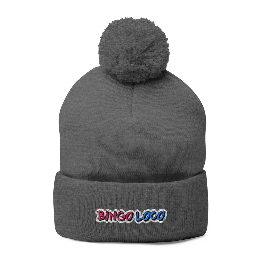 Embroidered Pom-Pom Knit Cap — Cozy Winter Beanie with Colorful 'Bingo Logo' Embroidery