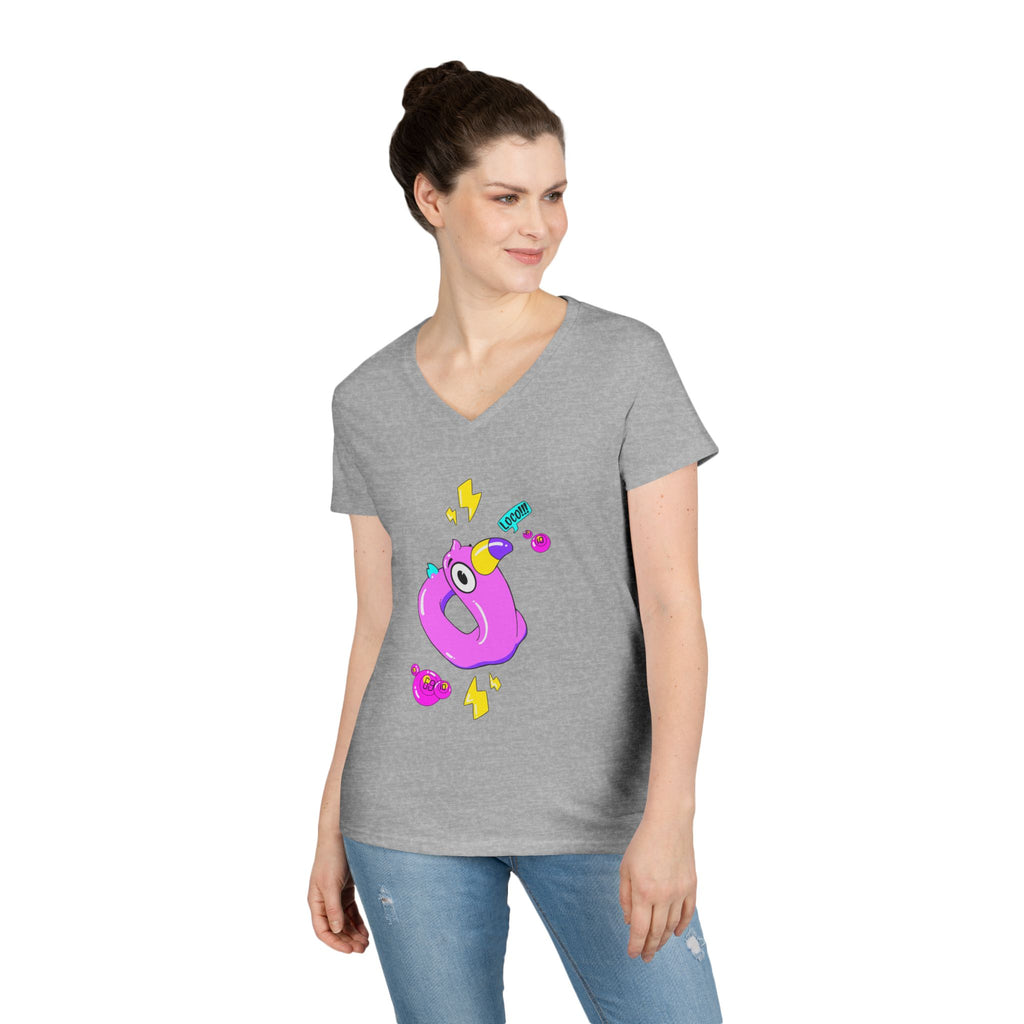 Ladies' V-Neck T-Shirt — Cute Pink Donut Character Graphic Tee