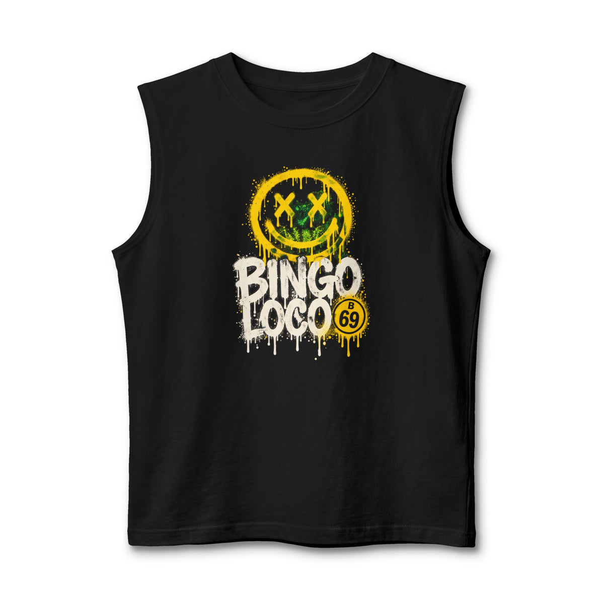 Bingo Loco Graffiti Muscle Tank — Edgy Yellow Smiley Streetwear