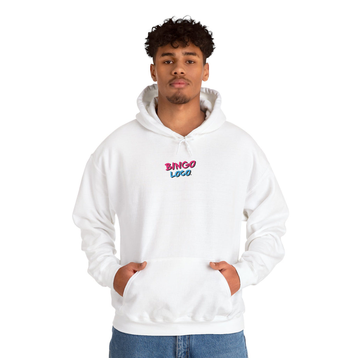 Bingo Logo Hoodie — Retro Pink & Blue Minimal Chest Graphic