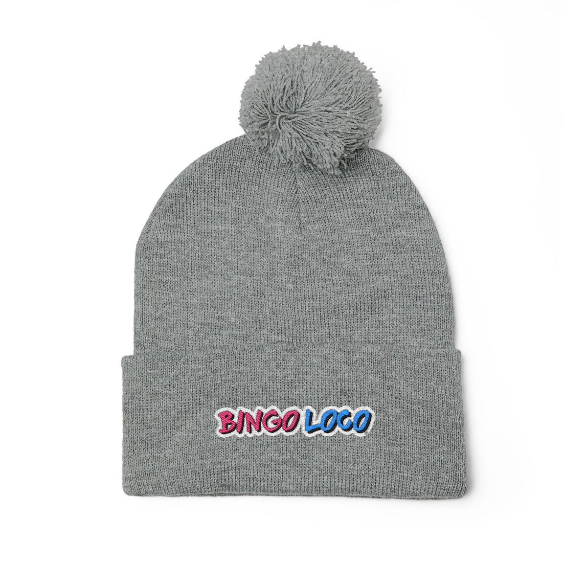 Embroidered Pom-Pom Knit Cap — Cozy Winter Beanie with Colorful 'Bingo Logo' Embroidery