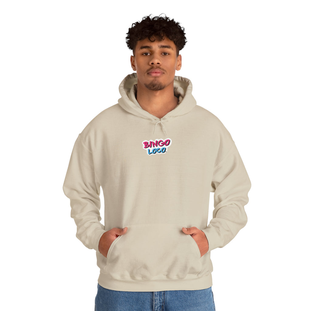 Bingo Logo Hoodie — Retro Pink & Blue Minimal Chest Graphic