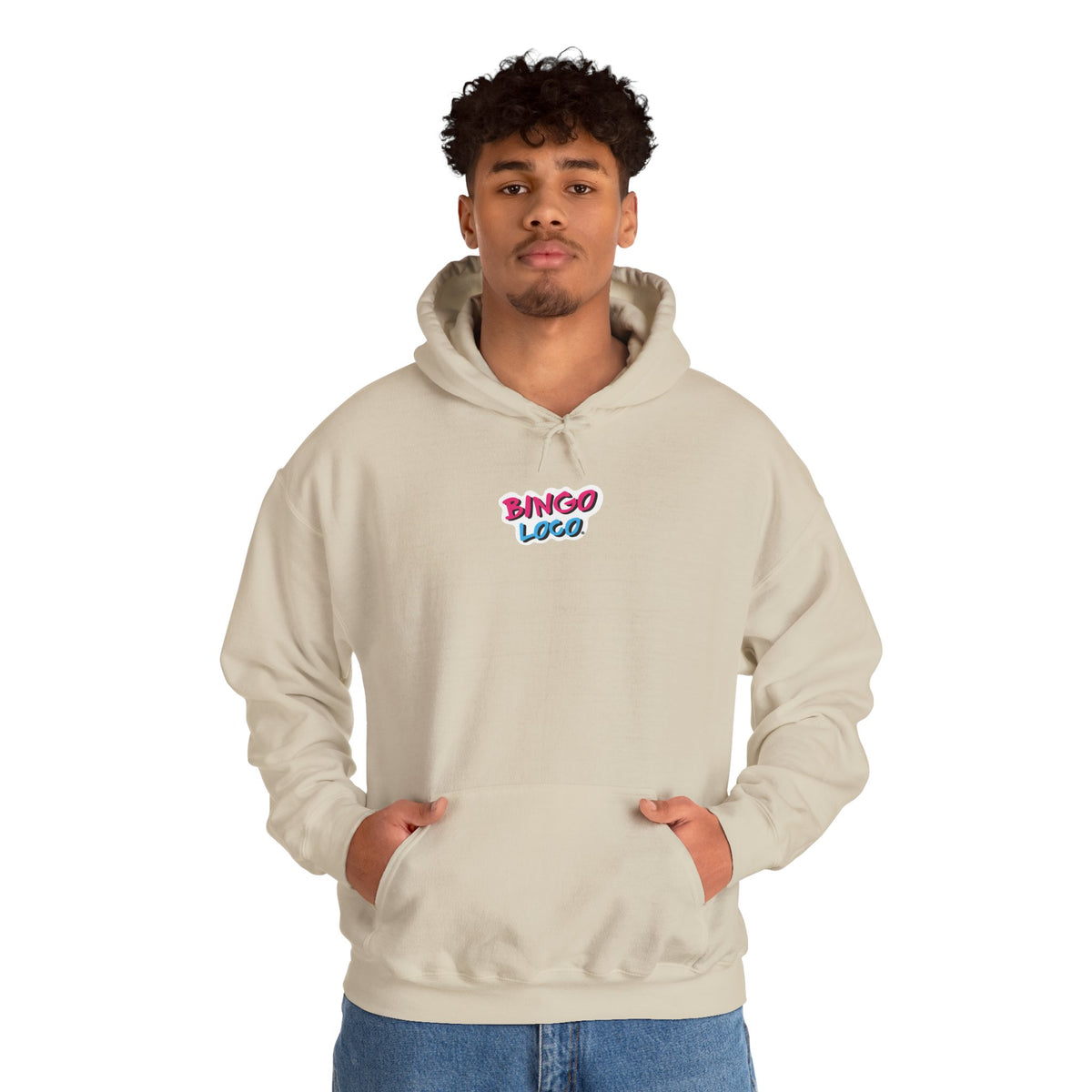 Bingo Logo Hoodie — Retro Pink & Blue Minimal Chest Graphic