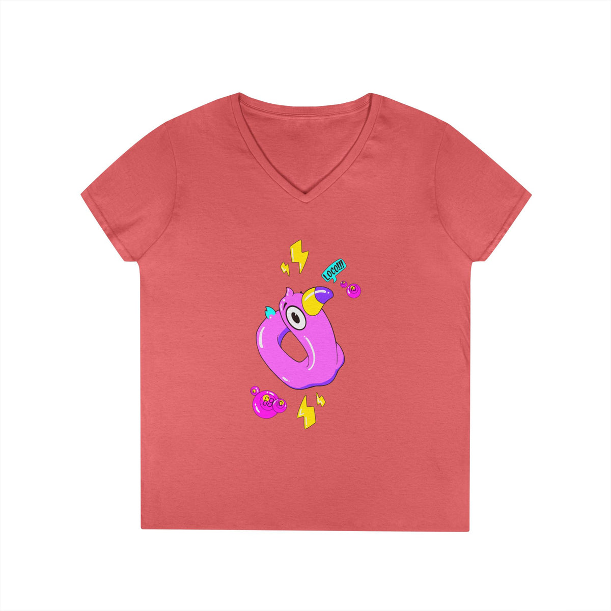 Ladies' V-Neck T-Shirt — Cute Pink Donut Character Graphic Tee