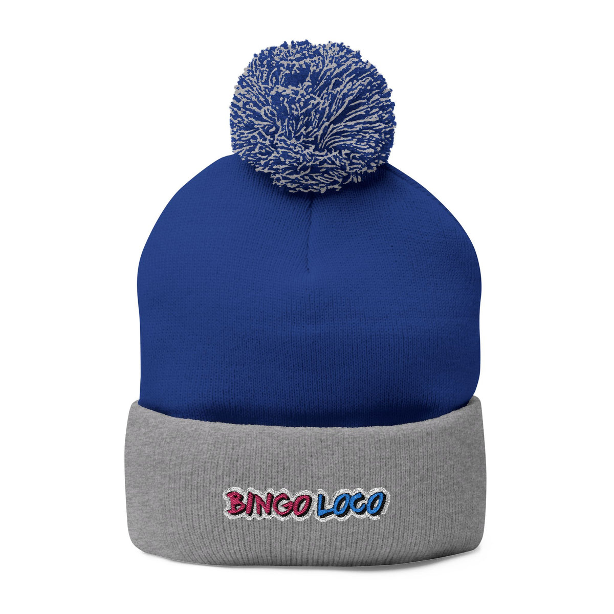 Embroidered Pom-Pom Knit Cap — Cozy Winter Beanie with Colorful 'Bingo Logo' Embroidery