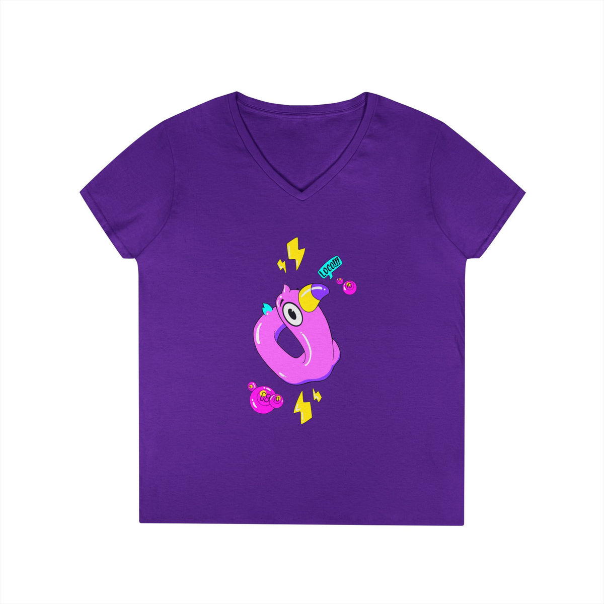 Ladies' V-Neck T-Shirt — Cute Pink Donut Character Graphic Tee