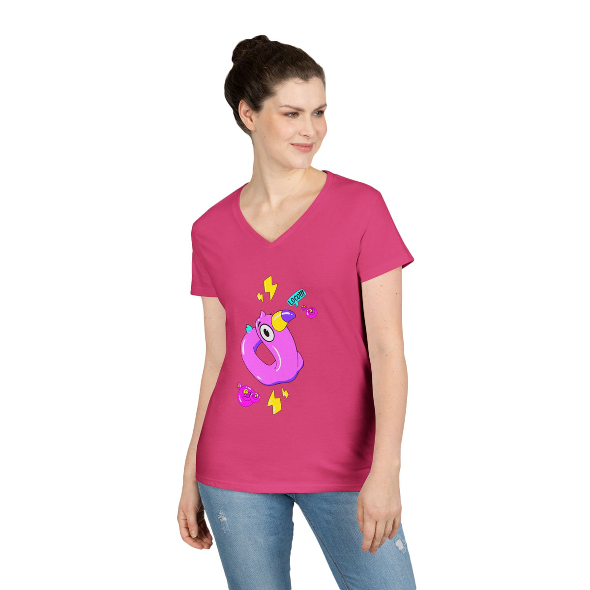 Ladies' V-Neck T-Shirt — Cute Pink Donut Character Graphic Tee