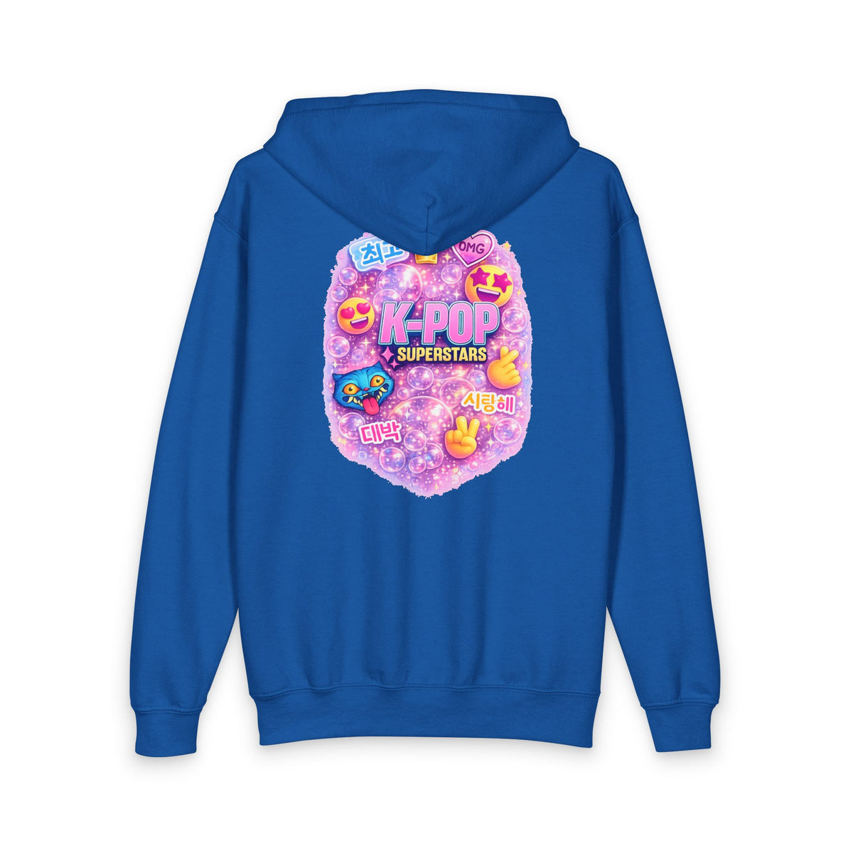 K-Pop Superstars Youth Zip Hoodie — Cute Pastel Emoji Back Design