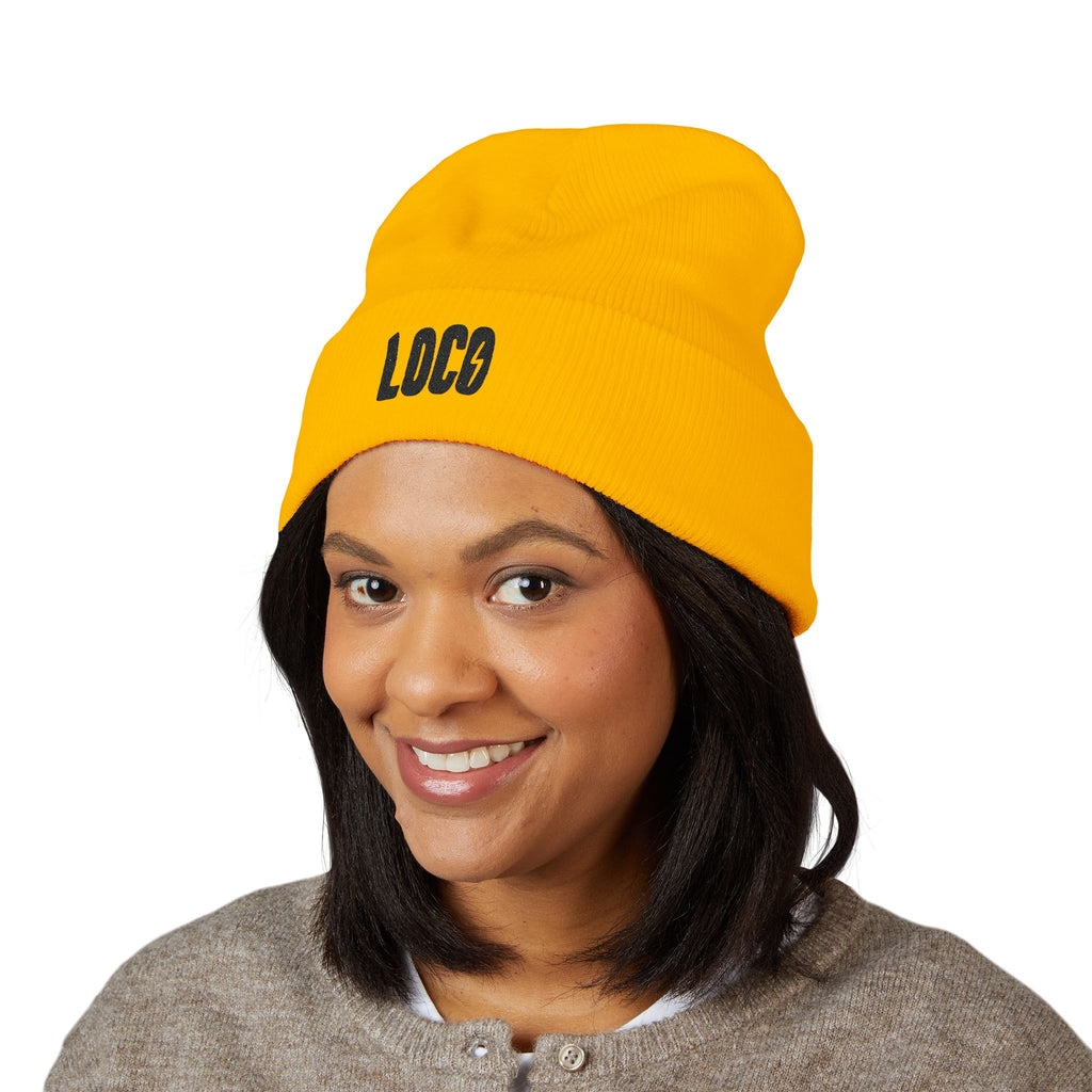 Embroidered 'LOCO' Cuffed Beanie — Classic Knit Winter Hat