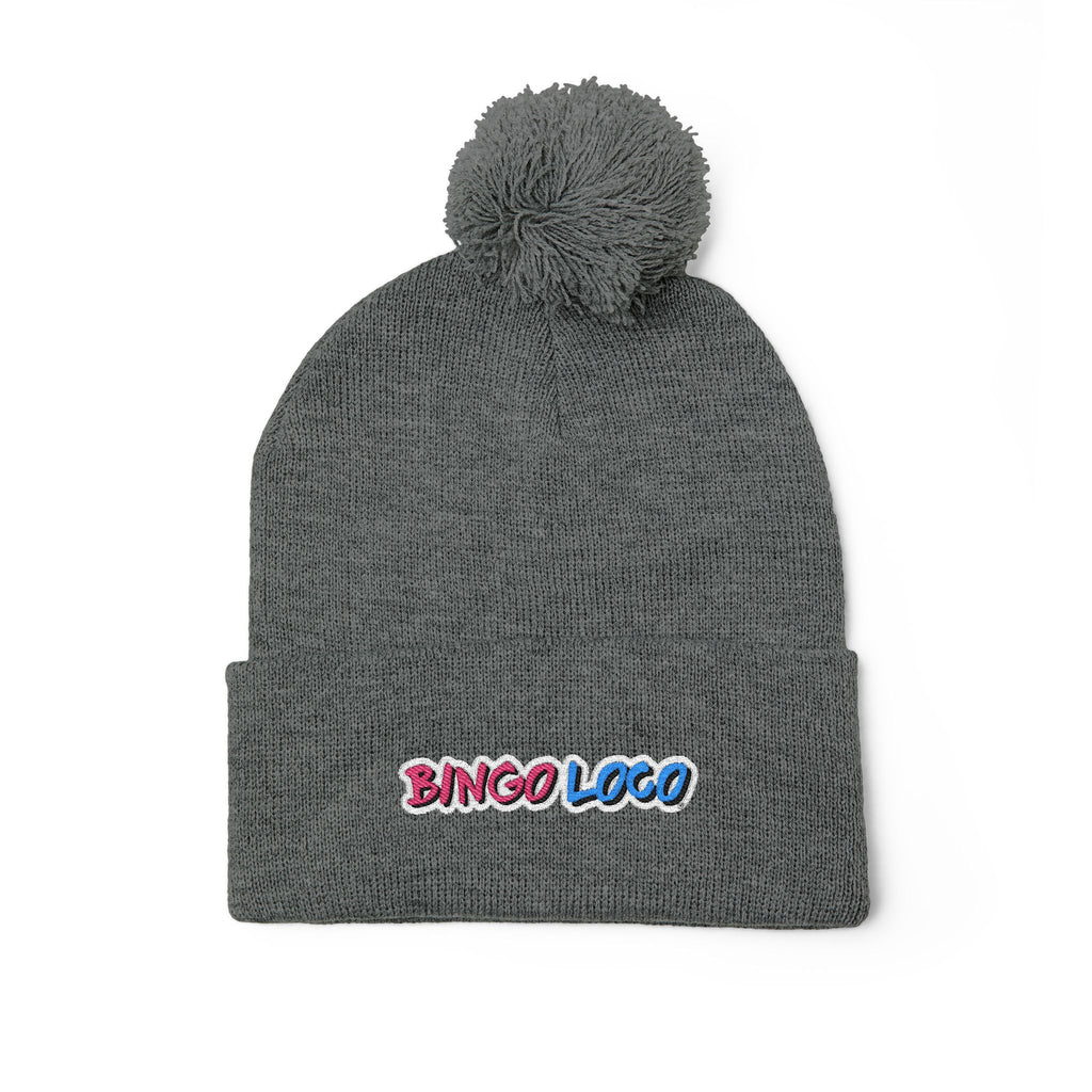 Embroidered Pom-Pom Knit Cap — Cozy Winter Beanie with Colorful 'Bingo Logo' Embroidery