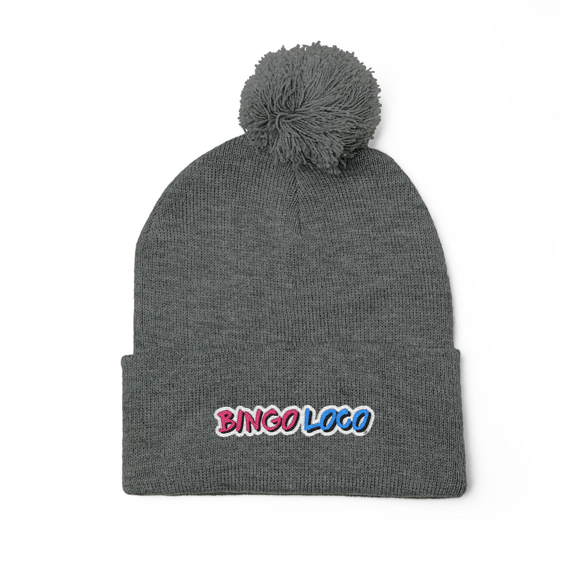 Embroidered Pom-Pom Knit Cap — Cozy Winter Beanie with Colorful 'Bingo Logo' Embroidery