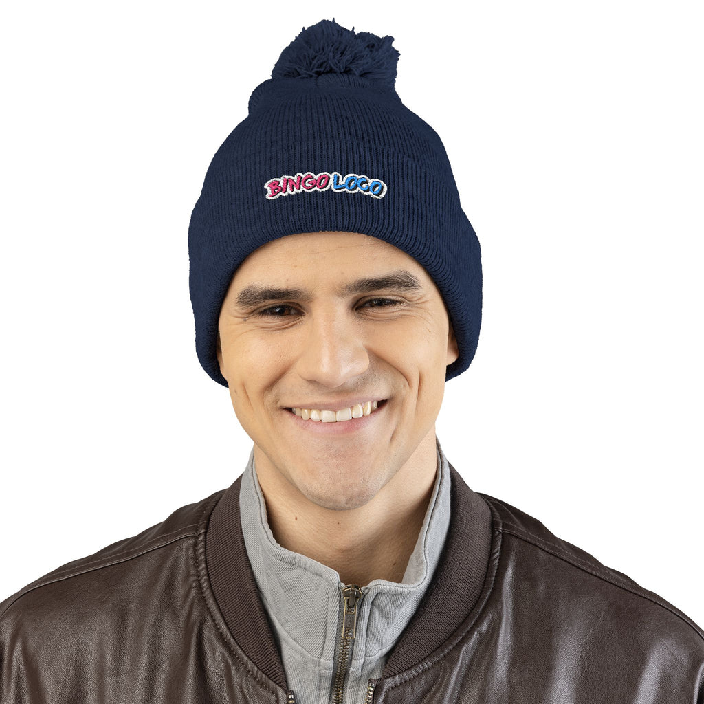 Embroidered Pom-Pom Knit Cap — Cozy Winter Beanie with Colorful 'Bingo Logo' Embroidery