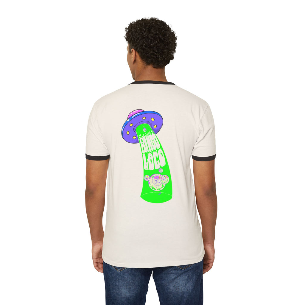 Alien Abduction Ringer Tee — Neon UFO "Stay Loco" Graphic Shirt