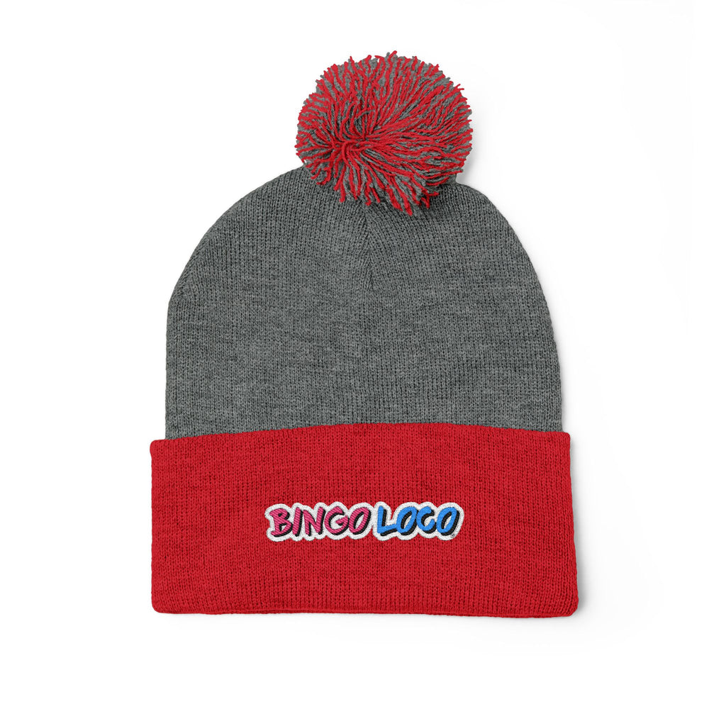 Embroidered Pom-Pom Knit Cap — Cozy Winter Beanie with Colorful 'Bingo Logo' Embroidery