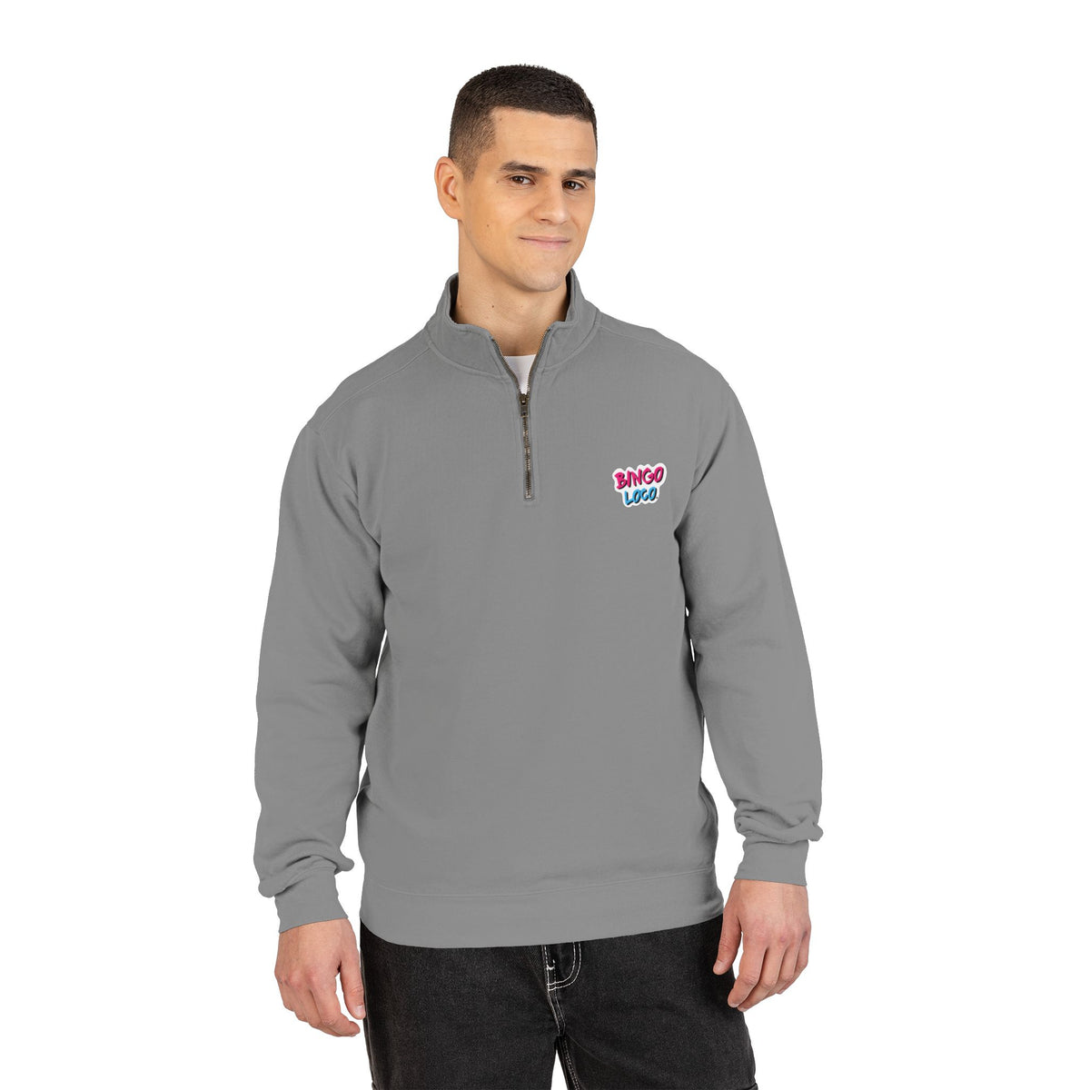 Quarter-Zip Sweatshirt — Retro 'Bingo Logo' Chest Graphic