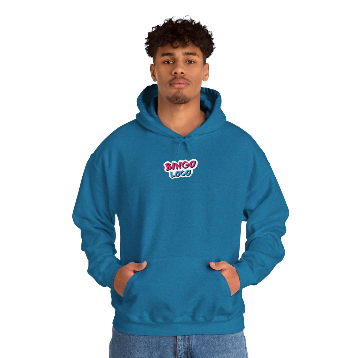 Bingo Logo Hoodie — Retro Pink & Blue Minimal Chest Graphic