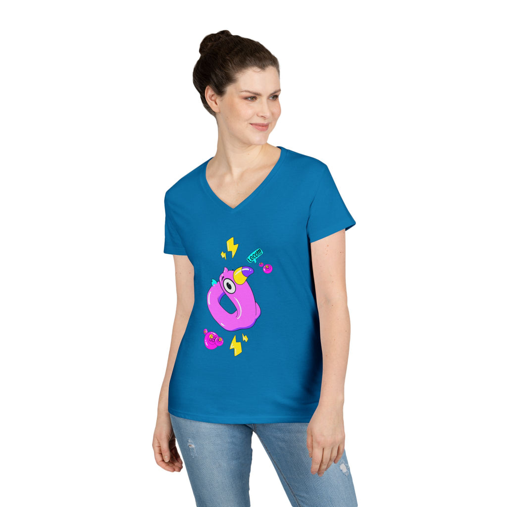 Ladies' V-Neck T-Shirt — Cute Pink Donut Character Graphic Tee