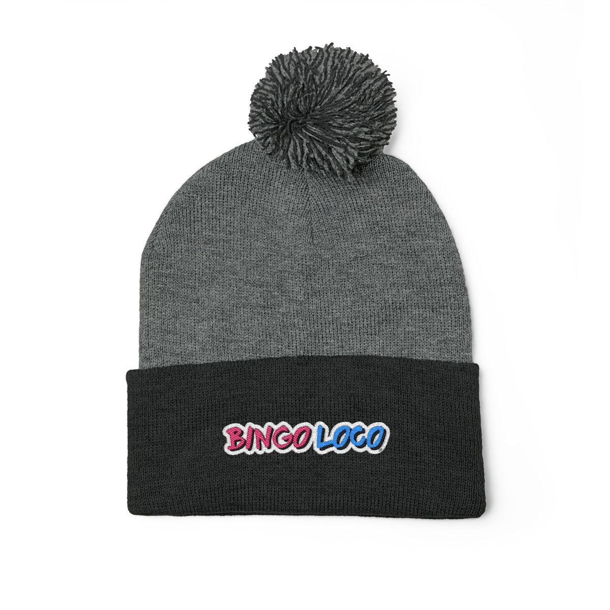 Embroidered Pom-Pom Knit Cap — Cozy Winter Beanie with Colorful 'Bingo Logo' Embroidery