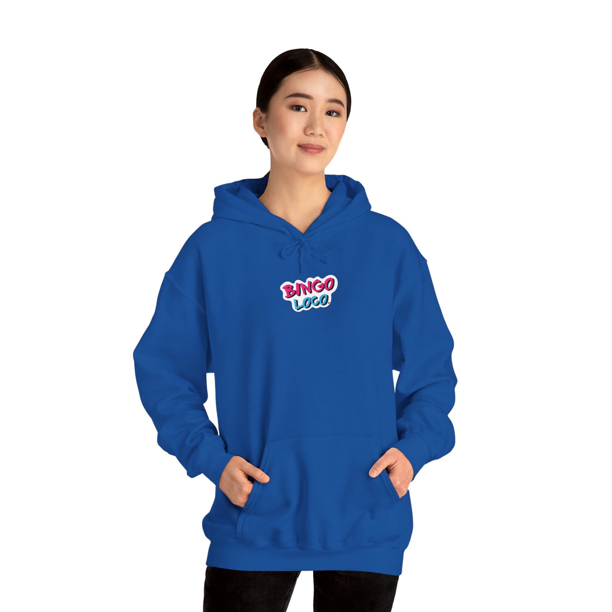 Bingo Logo Hoodie — Retro Pink & Blue Minimal Chest Graphic