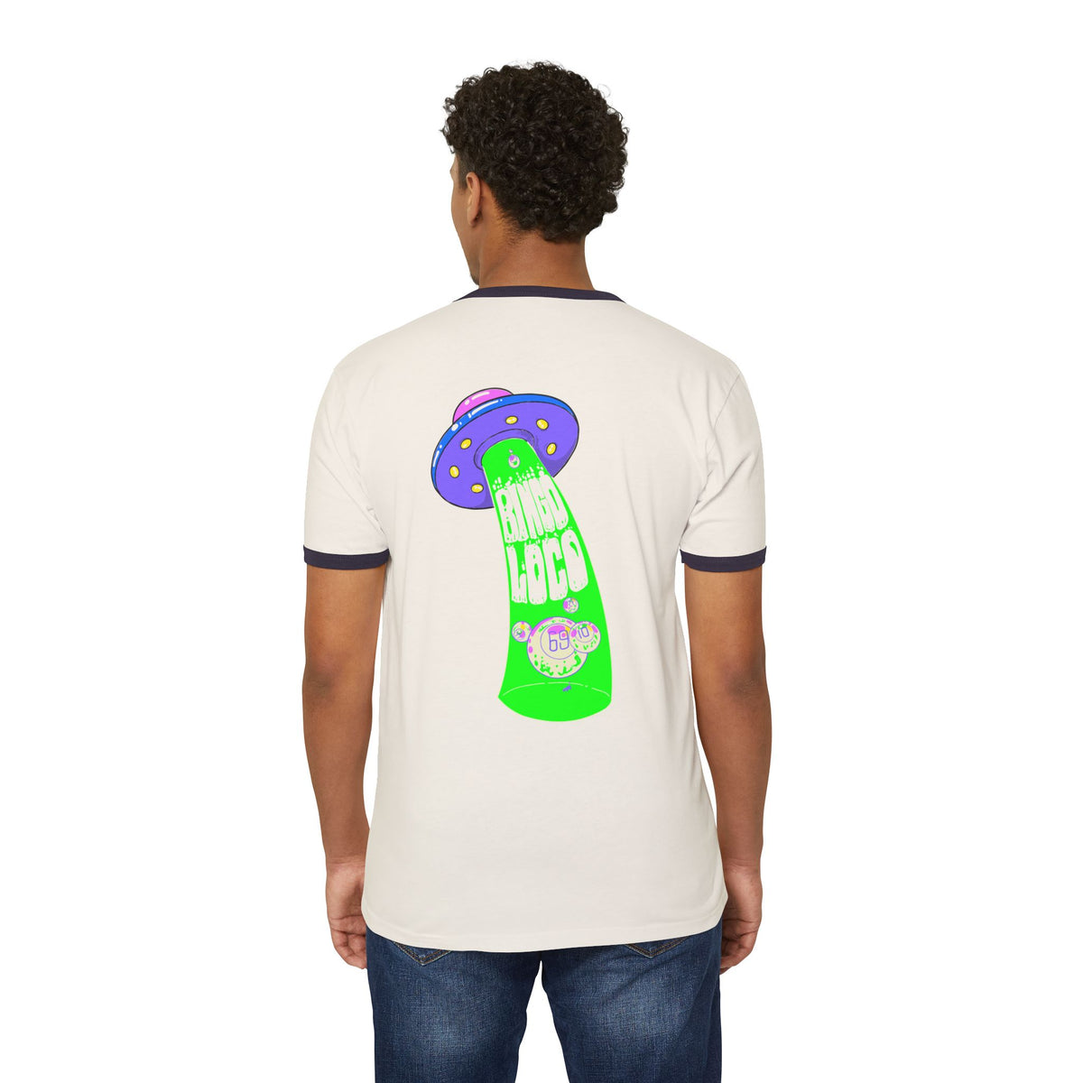 Alien Abduction Ringer Tee — Neon UFO "Stay Loco" Graphic Shirt