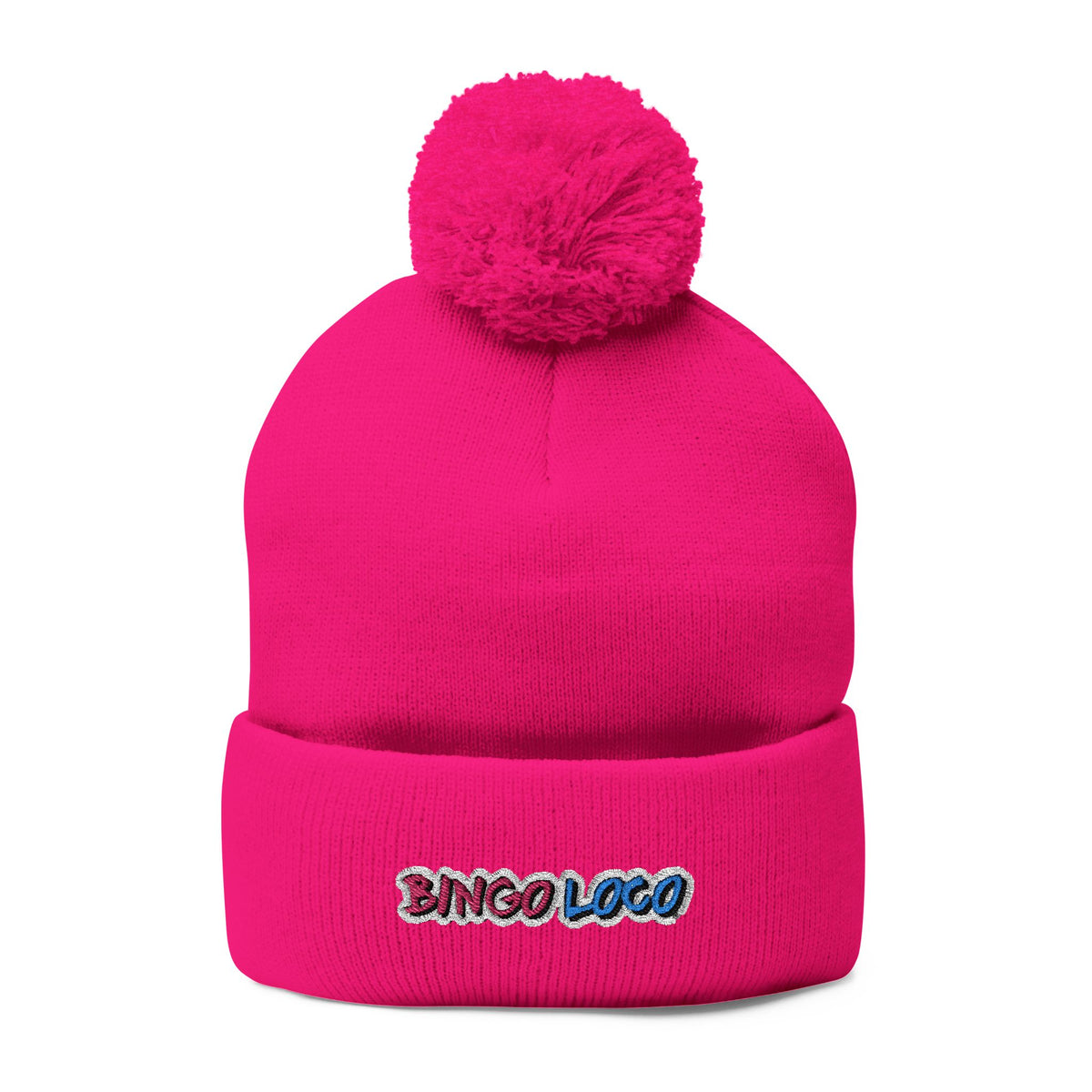 Embroidered Pom-Pom Knit Cap — Cozy Winter Beanie with Colorful 'Bingo Logo' Embroidery