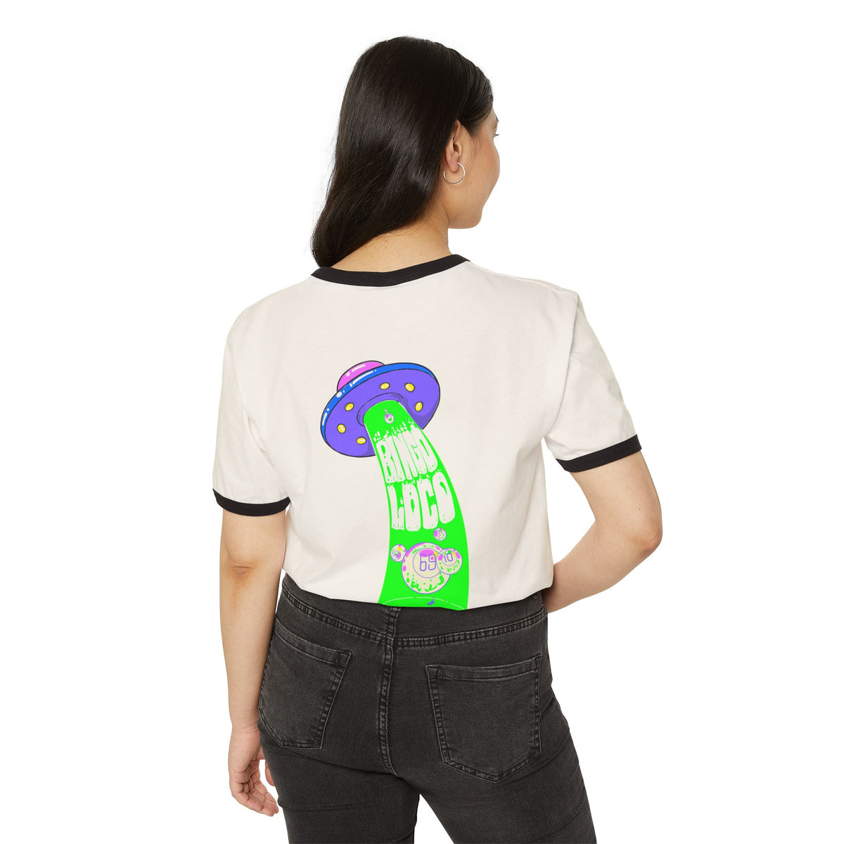 Alien Abduction Ringer Tee — Neon UFO "Stay Loco" Graphic Shirt