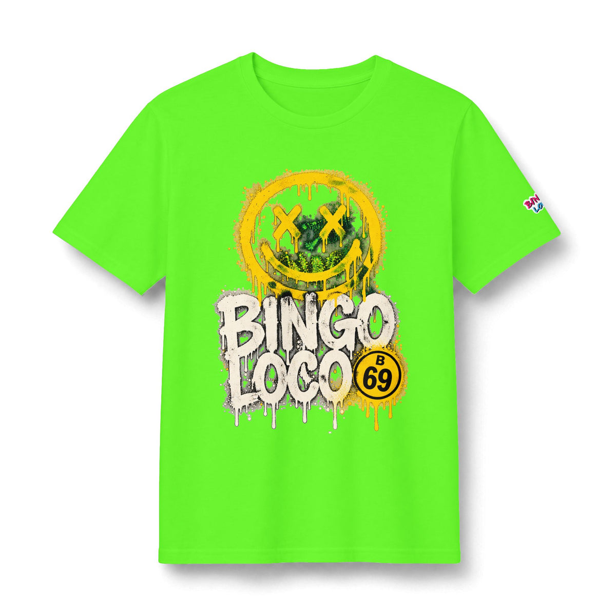 Bingo Loco Neon Green Concert Tee — Graphic Smiley Band Shirt