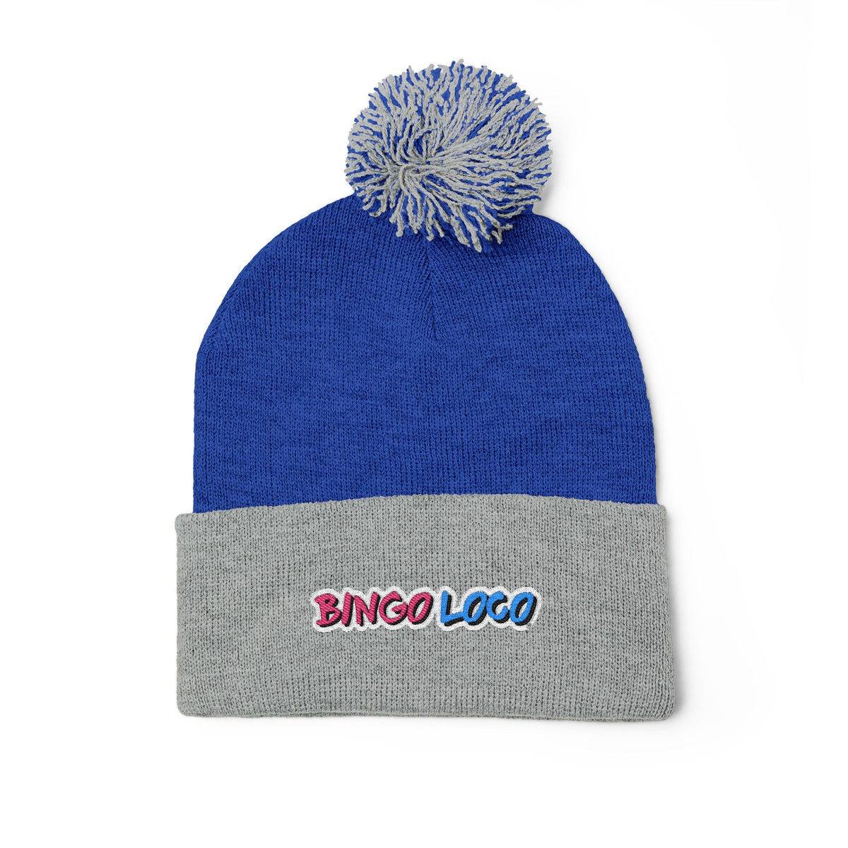 Embroidered Pom-Pom Knit Cap — Cozy Winter Beanie with Colorful 'Bingo Logo' Embroidery