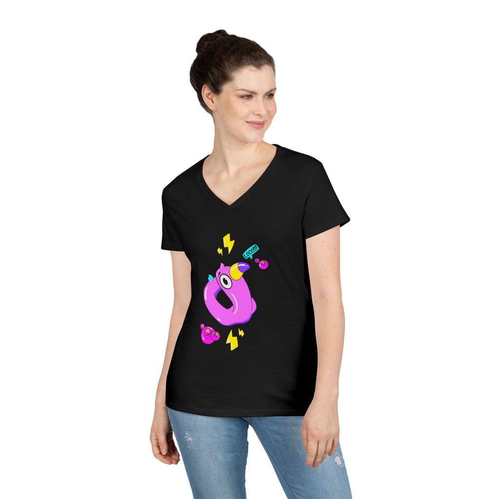 Ladies' V-Neck T-Shirt — Cute Pink Donut Character Graphic Tee