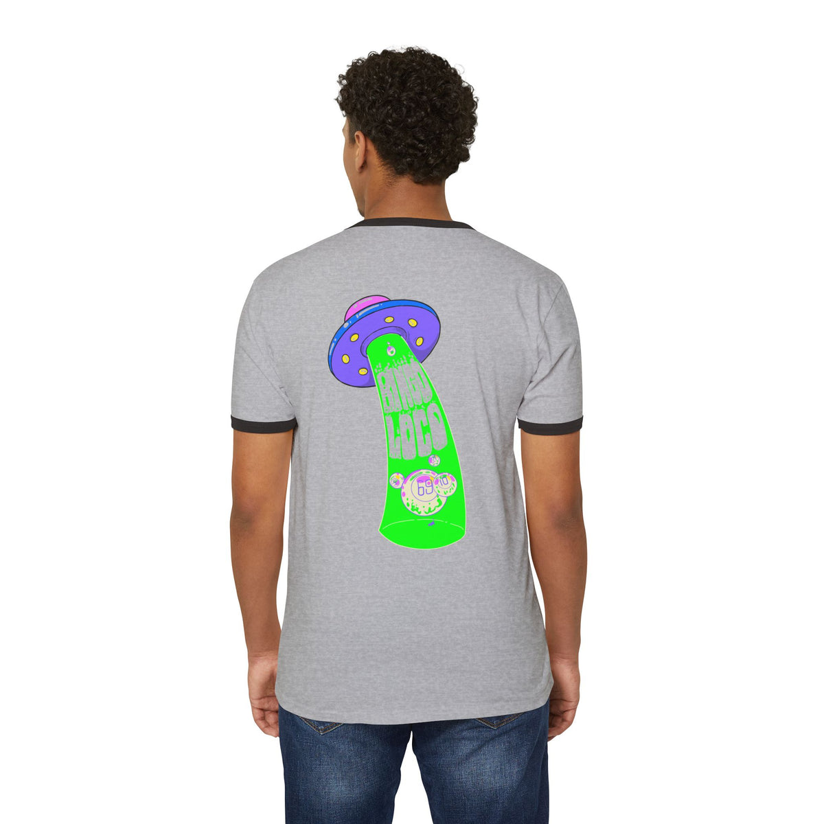 Alien Abduction Ringer Tee — Neon UFO "Stay Loco" Graphic Shirt