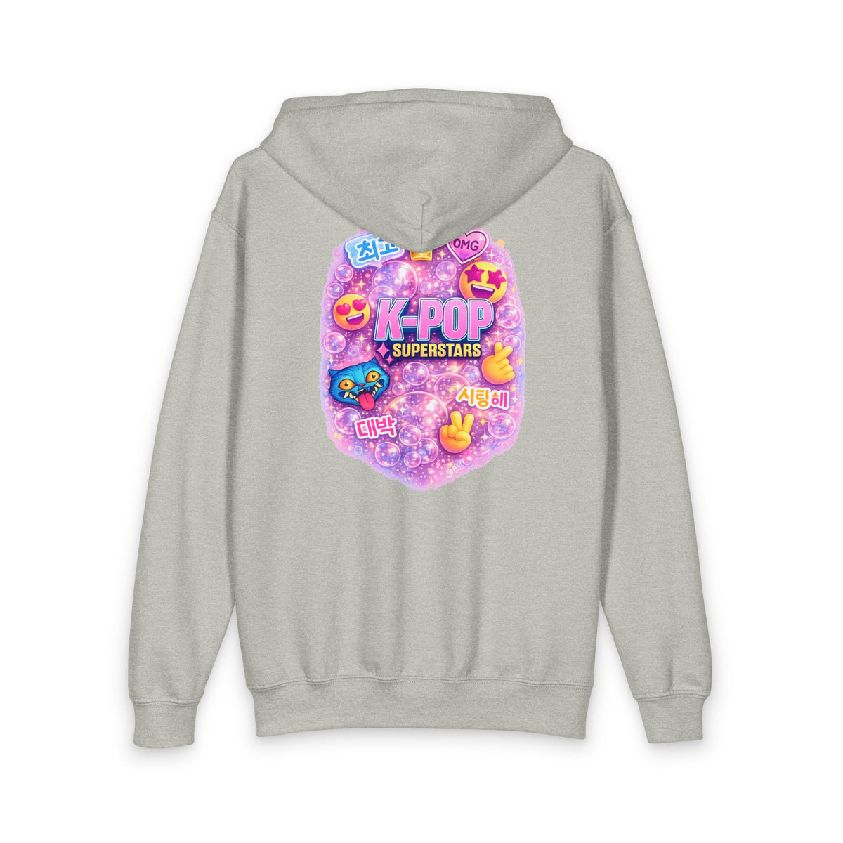 K-Pop Superstars Youth Zip Hoodie — Cute Pastel Emoji Back Design