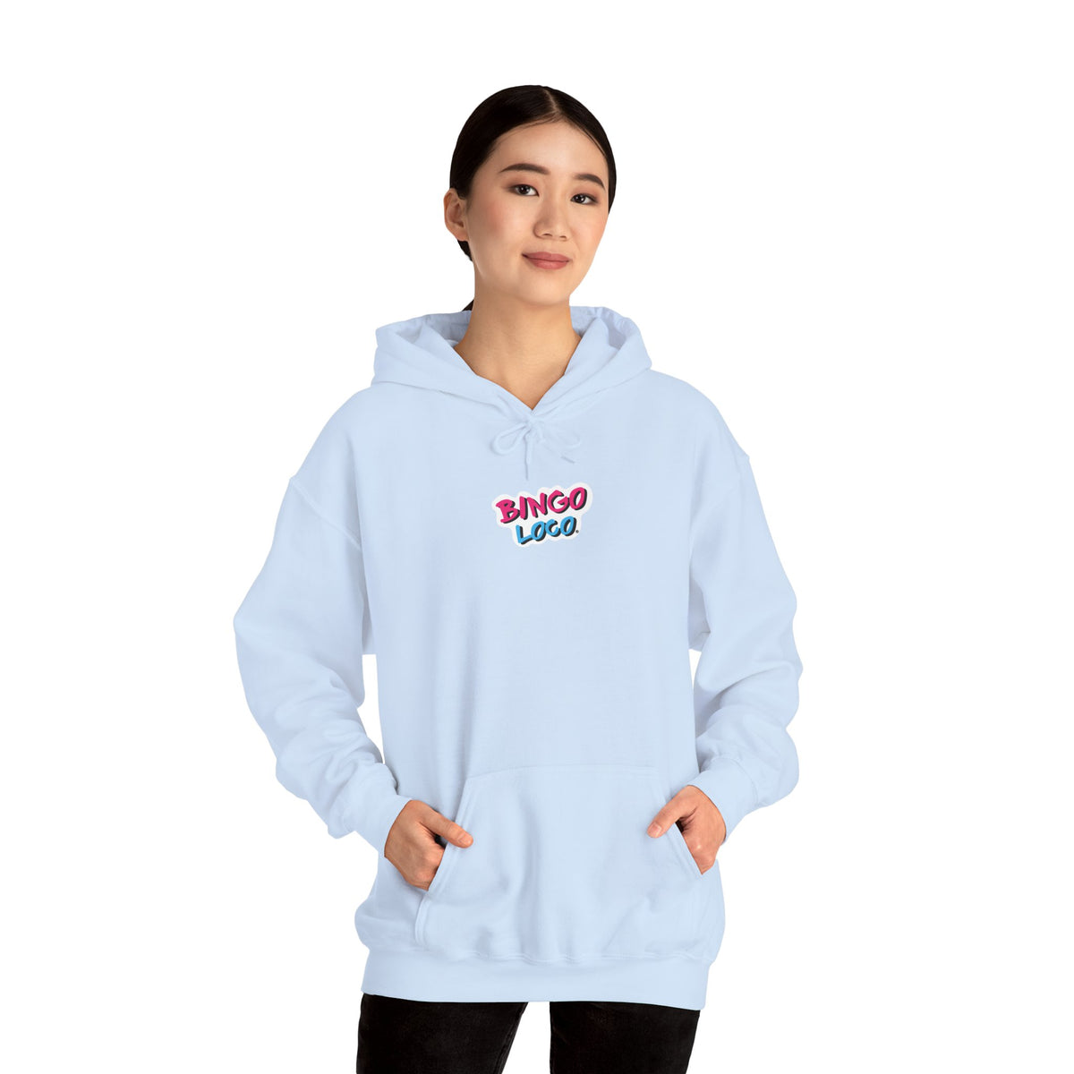 Bingo Logo Hoodie — Retro Pink & Blue Minimal Chest Graphic