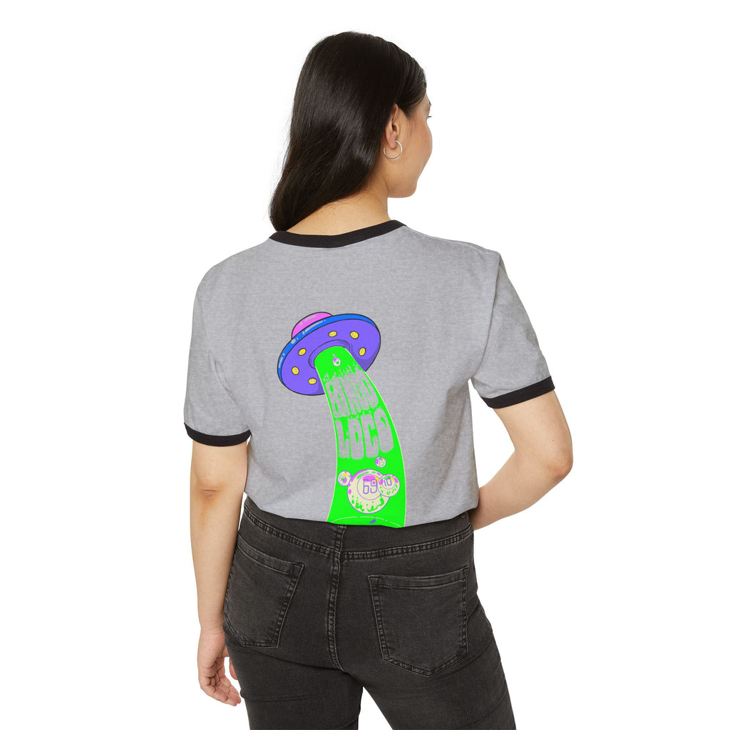 Alien Abduction Ringer Tee — Neon UFO "Stay Loco" Graphic Shirt