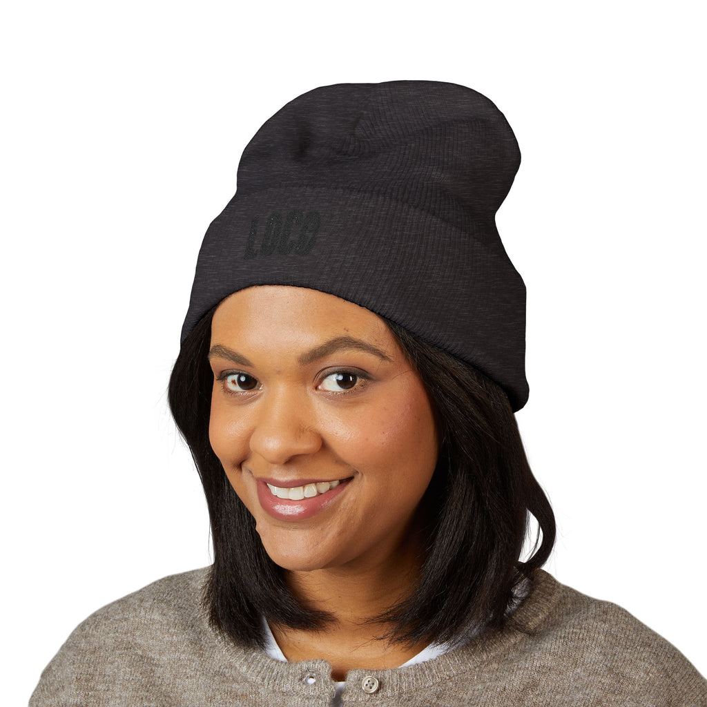 Embroidered 'LOCO' Cuffed Beanie — Classic Knit Winter Hat