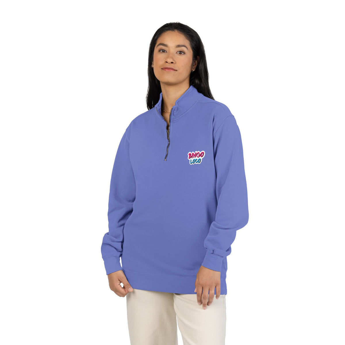Quarter-Zip Sweatshirt — Retro 'Bingo Logo' Chest Graphic