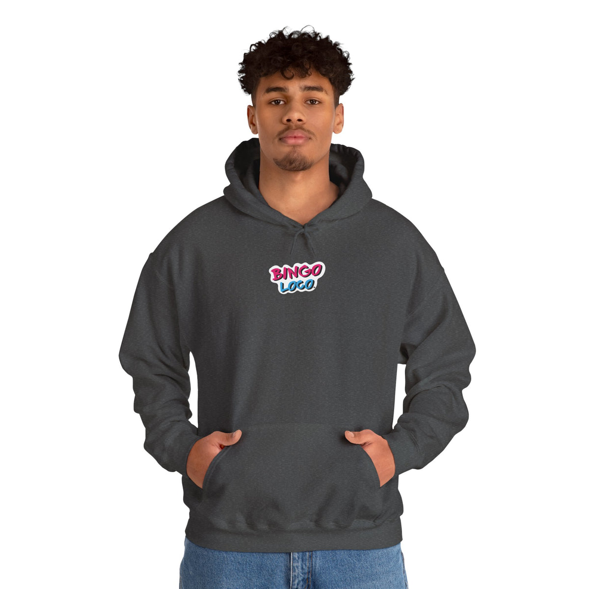 Bingo Logo Hoodie — Retro Pink & Blue Minimal Chest Graphic