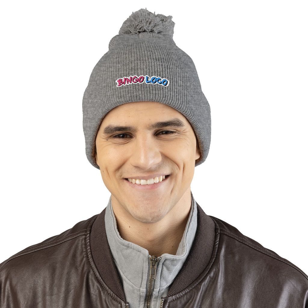 Embroidered Pom-Pom Knit Cap — Cozy Winter Beanie with Colorful 'Bingo Logo' Embroidery
