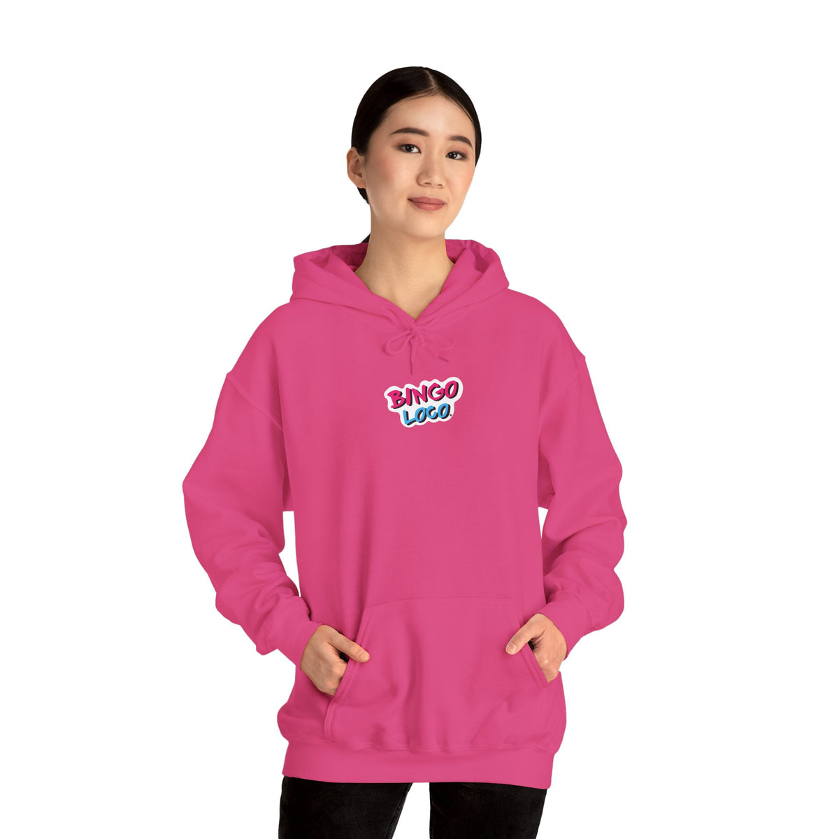 Bingo Logo Hoodie — Retro Pink & Blue Minimal Chest Graphic