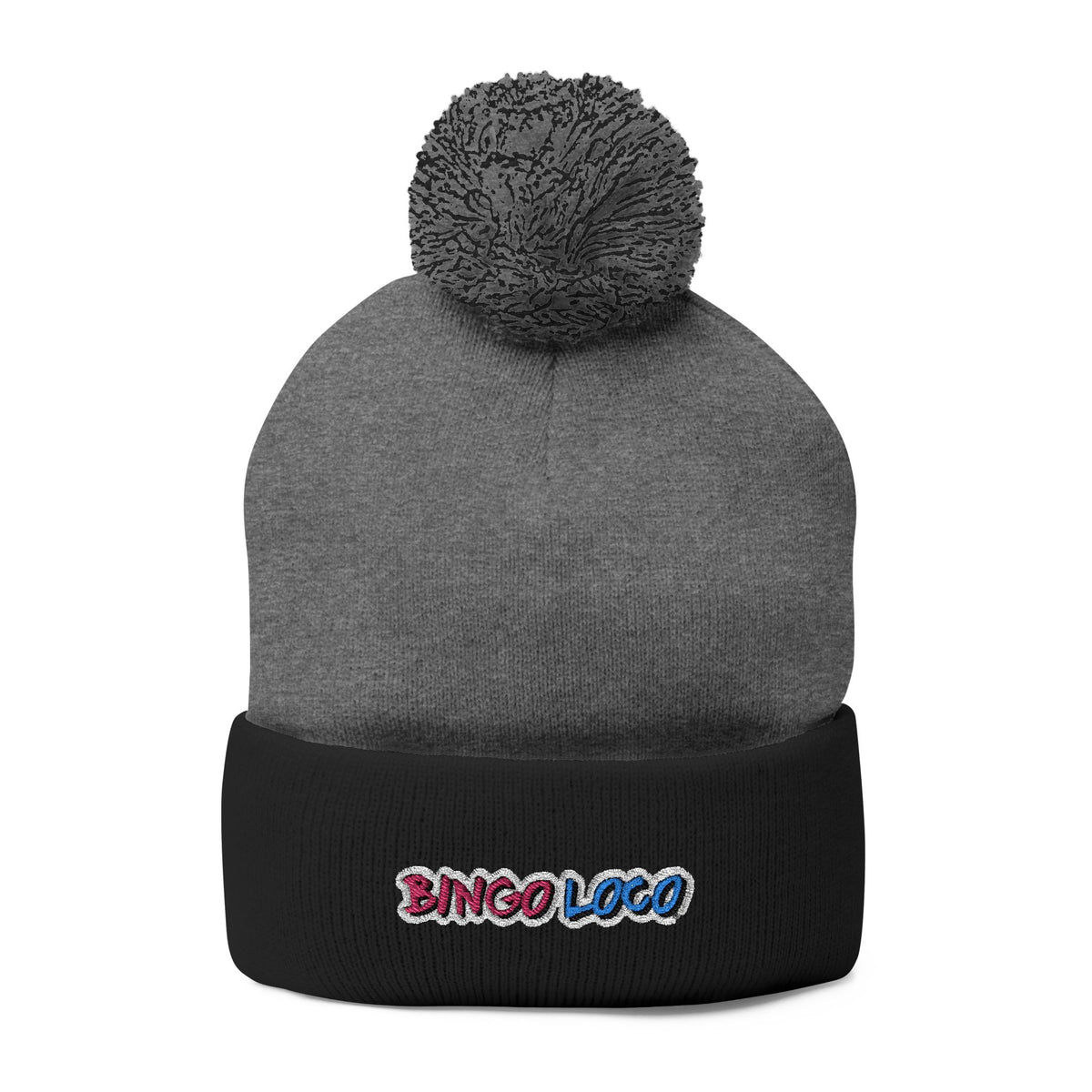Embroidered Pom-Pom Knit Cap — Cozy Winter Beanie with Colorful 'Bingo Logo' Embroidery