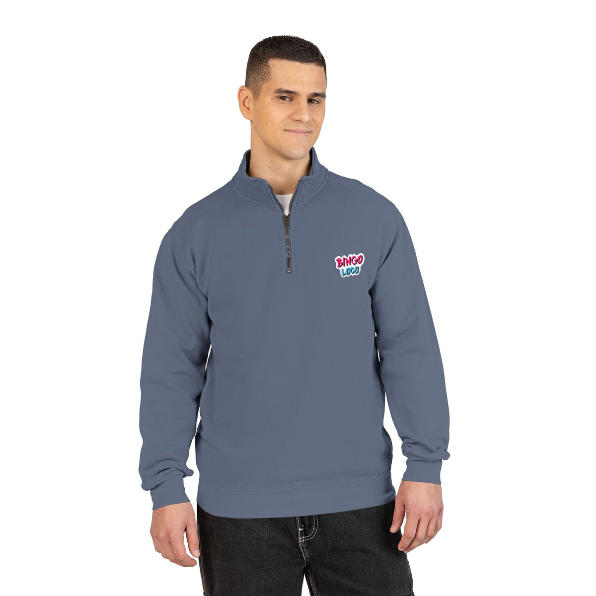 Quarter-Zip Sweatshirt — Retro 'Bingo Logo' Chest Graphic