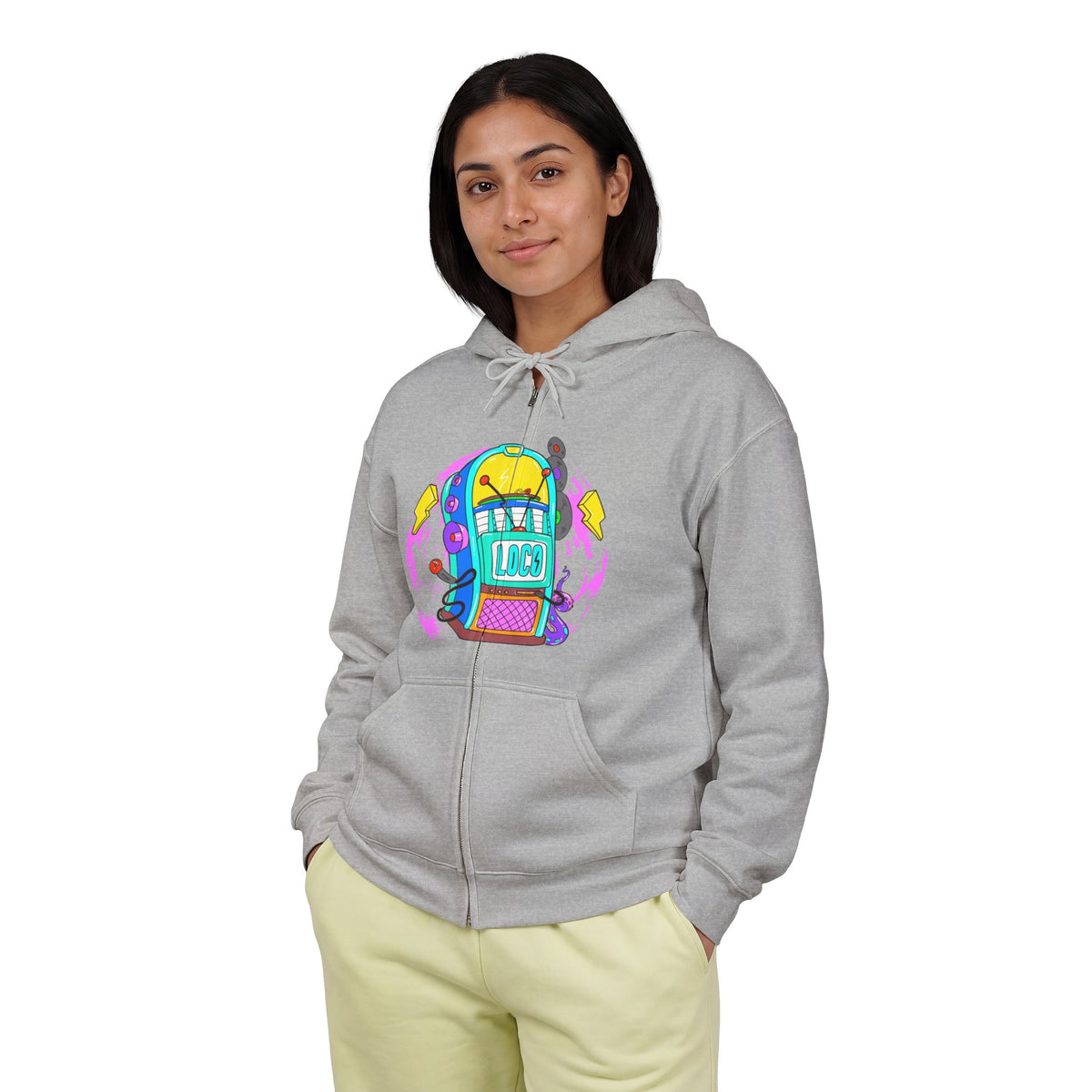 Retro Jukebox Zip Hoodie — Colorful Vintage Music Graphic