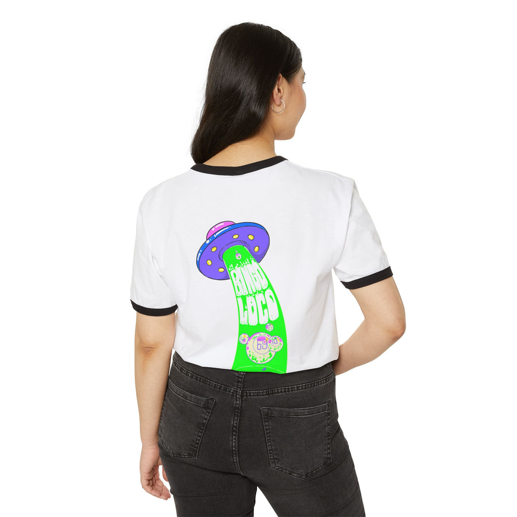 Alien Abduction Ringer Tee — Neon UFO "Stay Loco" Graphic Shirt